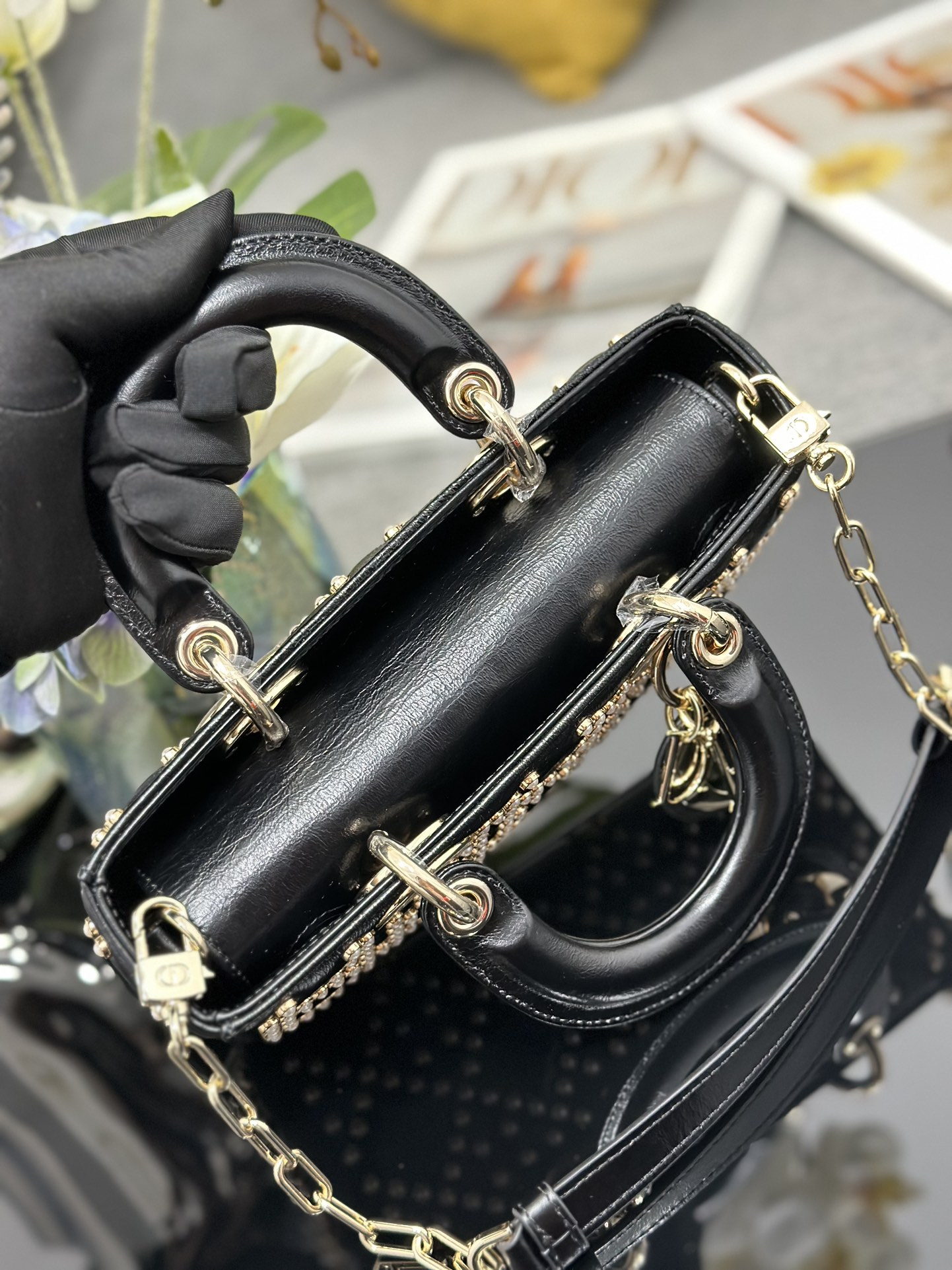 Small Lady D-Joy Bag Black Calfskin Embroidered with Pearl Nail